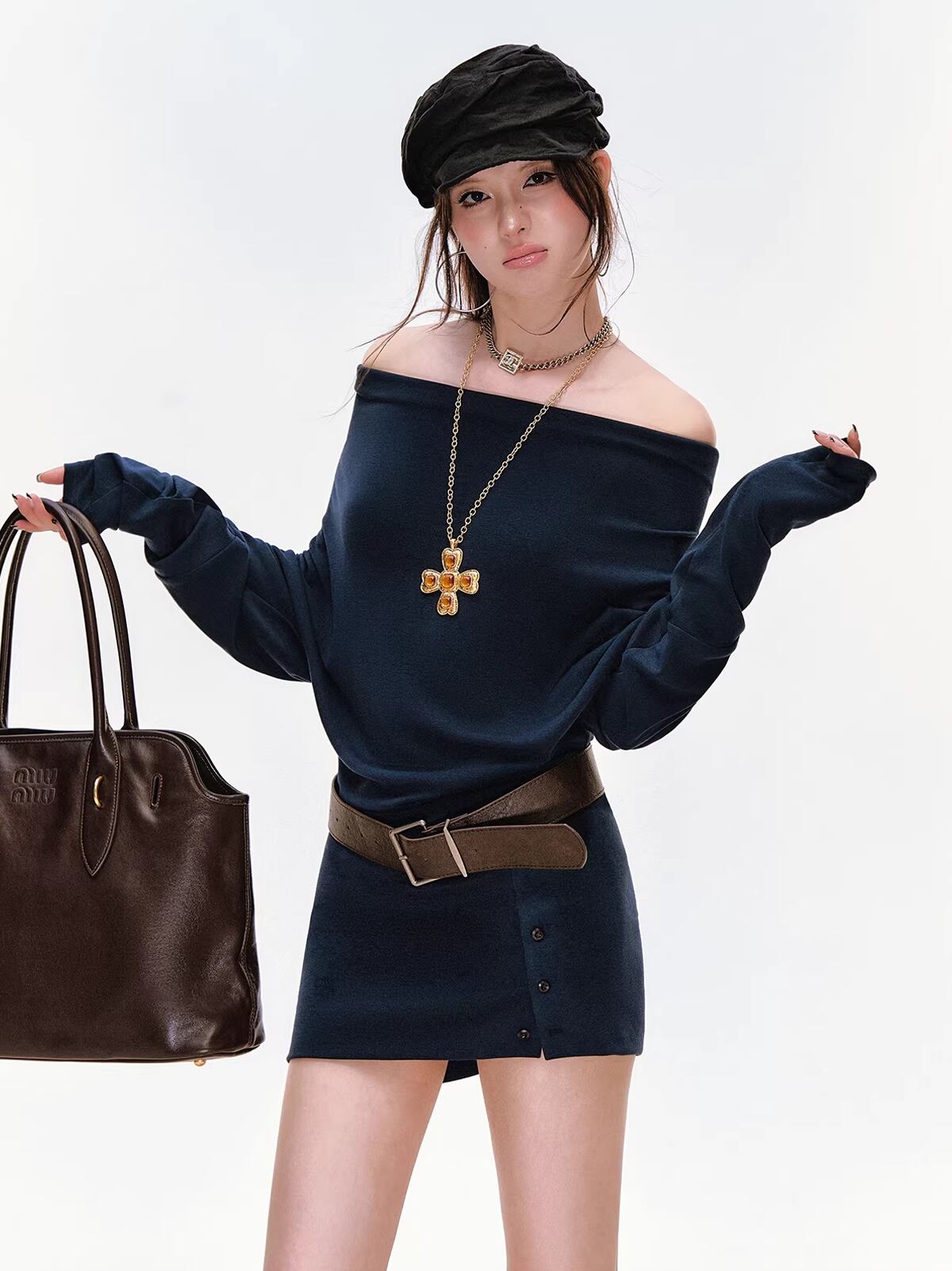 【dress】ベルト付きオフショルダーニットワンピース Q7888