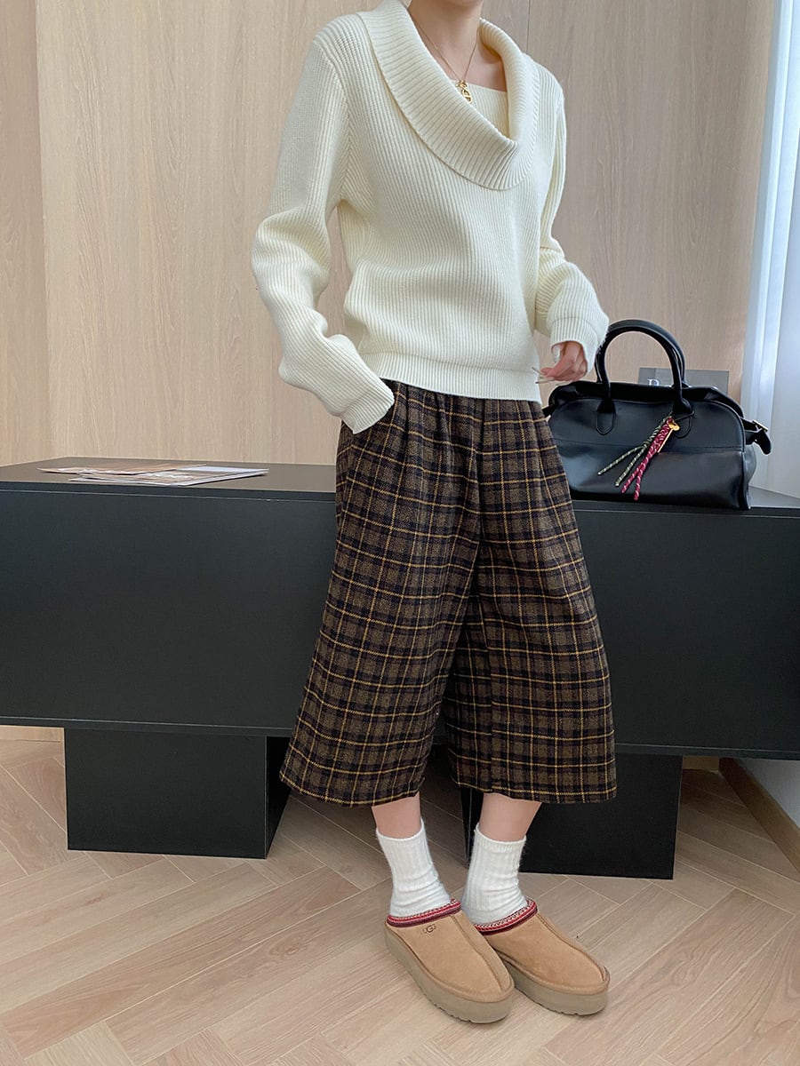 【tops】5色展開ドレープドネックニットトップス Q7379