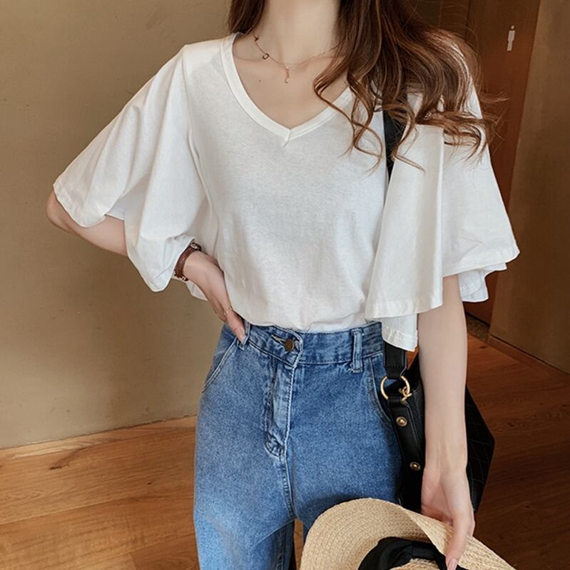 【tops】美人度アップVネック半袖ファッションフレアスリーブ無地着回しTシャツF0001
