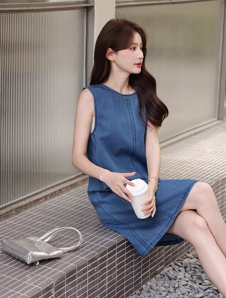 【dress】バックオーポンノースリーブデニムワンピース Q8421
