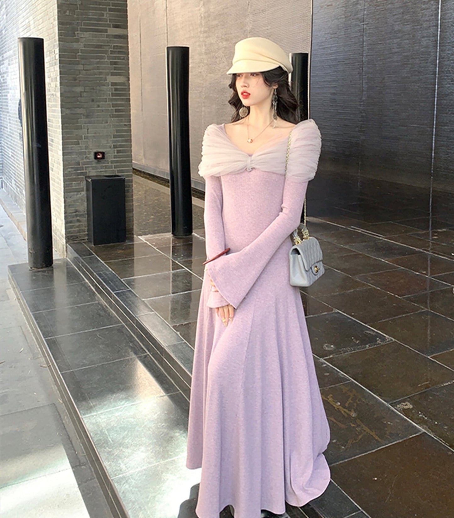 【dress】チュールドッキングニットワンピース　N3460