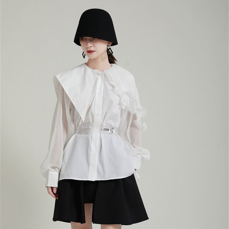 【tops】フリル不規則 イレギュラーシャツブラウス　M29334