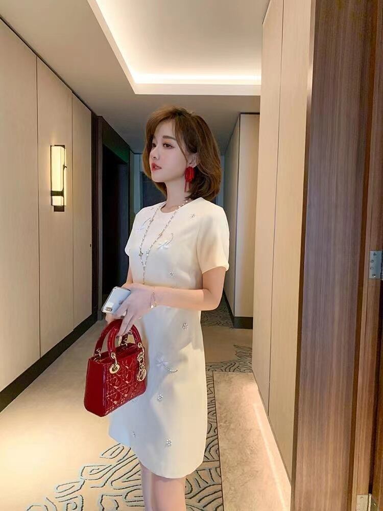 【dress】美感いっぱいラウンドネック半袖無地ビーズ飾り披露宴二次会韓国ファッションワンピースF2186