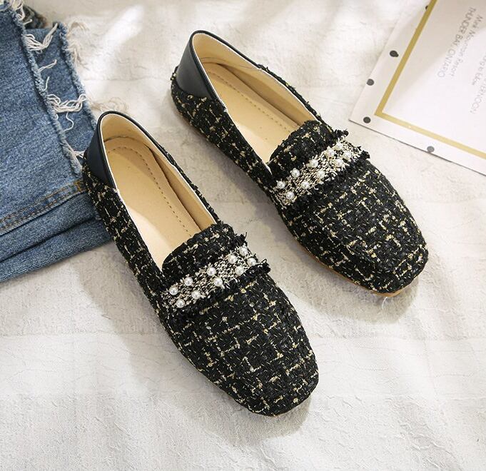 【shoes】今季大好評秋新作2色履きやすい美脚魅せチェック柄ビーズ飾りフラットシューズF0978