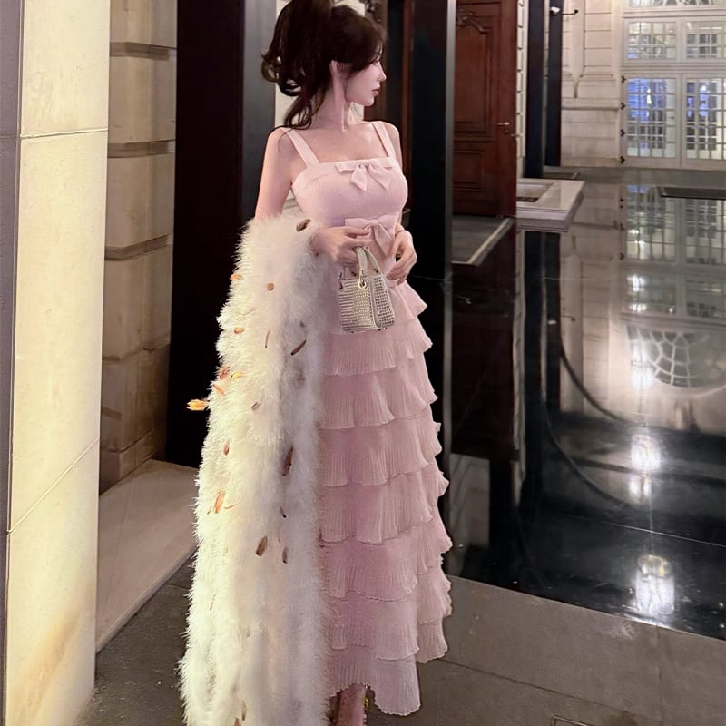【dress】リボン付きティアードキャミワンピース Q7679