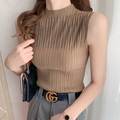 【tops】選べる7色！夏新作ノースリーブ無地着回し着やせ薄手ニットタンクトップF2193