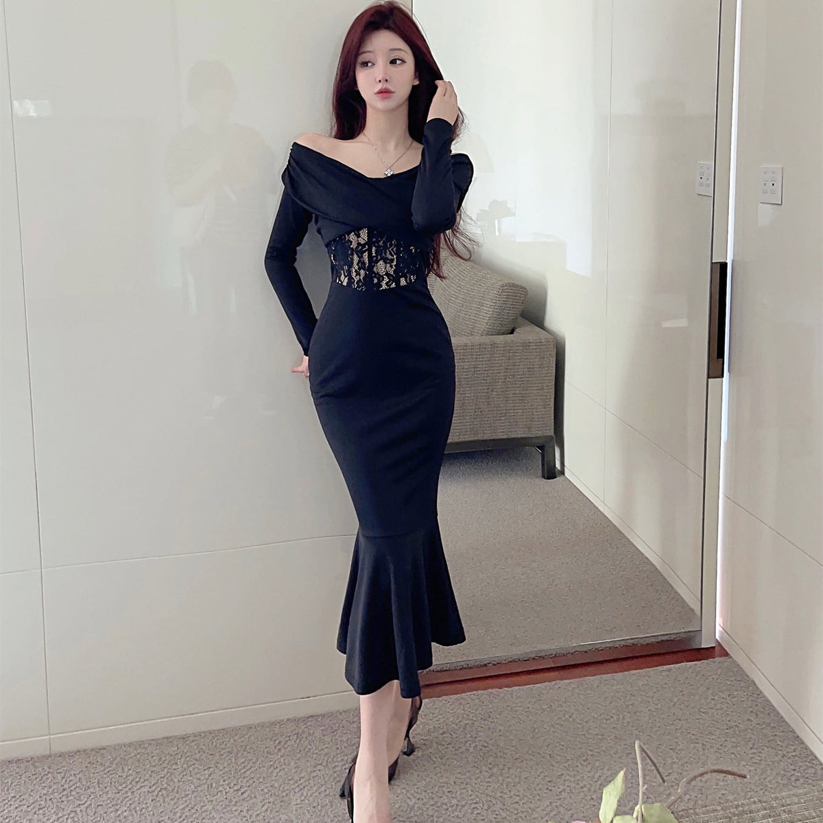 【dress】ウエストレースマーメイドワンピース　N2729