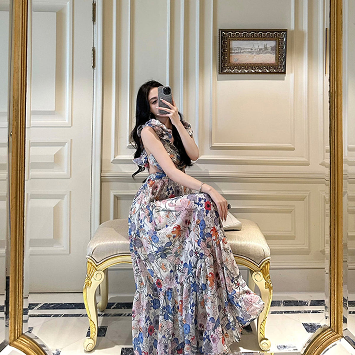 【dress】バックオーポンプリントワンピース　N3082