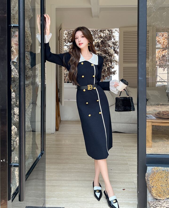 【dress】レースドッキングニットワンピース Q7584