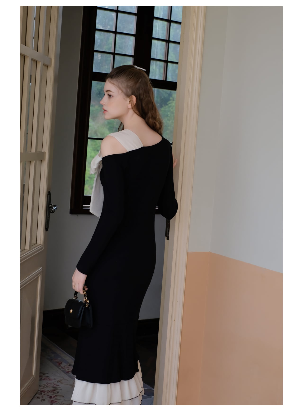 【dress】リボンメッシュ切替ワンピースF8303