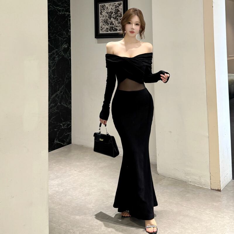 【dress】オフショルチュールドッキングワンピース Q7418