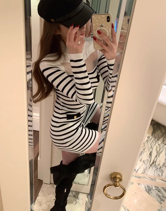 【dress】ボーダー柄フロントカットワンピース Q7609