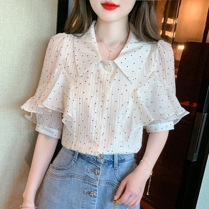 【tops】パフスリーブドット柄ブラウスG21556