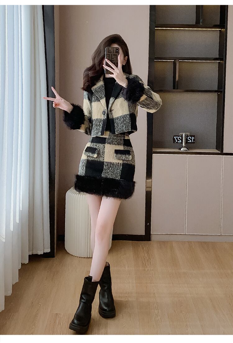 【set】袖ファーショートジャケット×ポイントファースカートセット　M19288