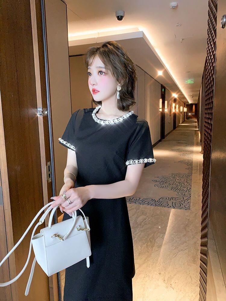 【dress】美人度アップラウンドネック半袖ビーズ飾り無地韓国ファッションワンピースF5030