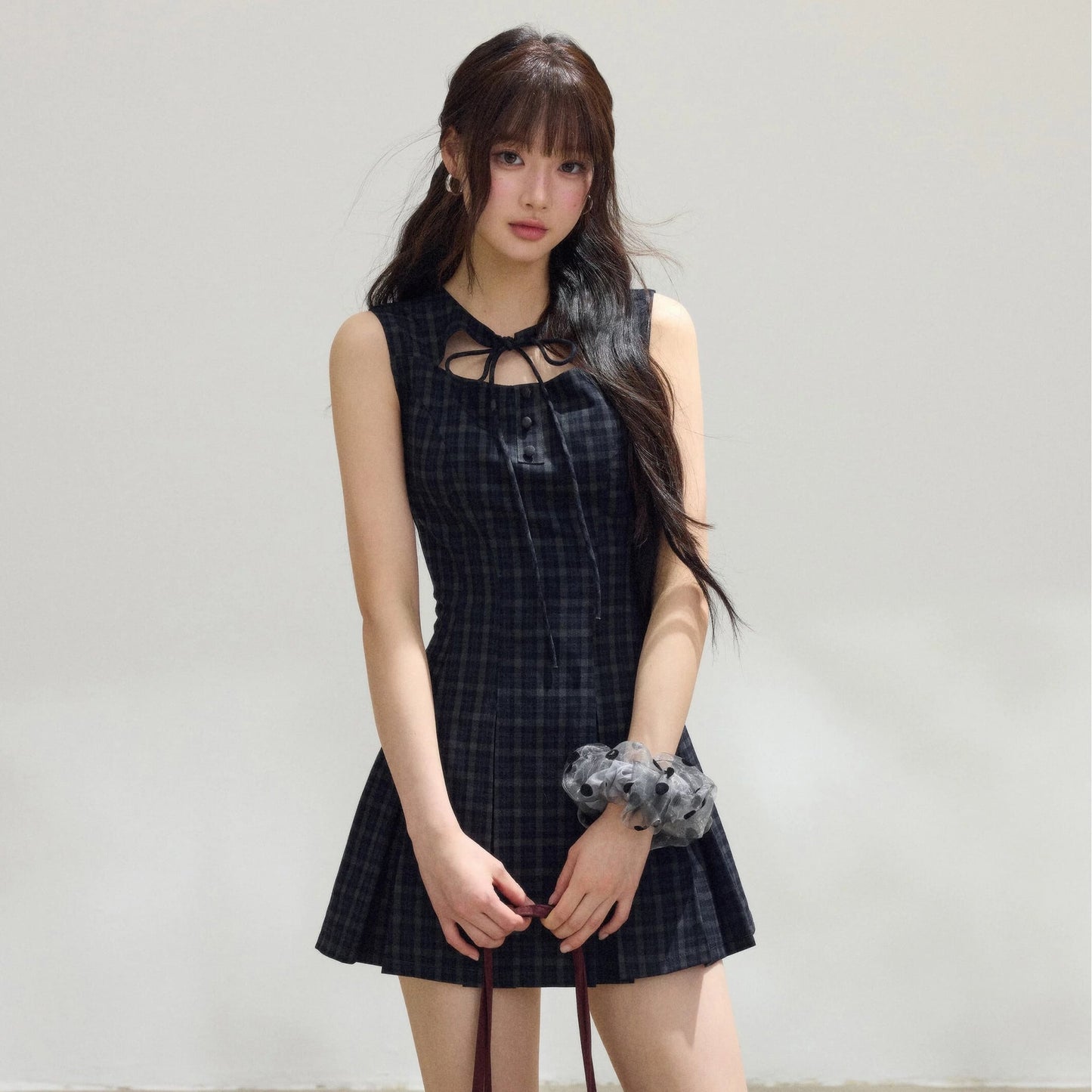 【dress】フロントリボンチェックミニワンピース　N3531