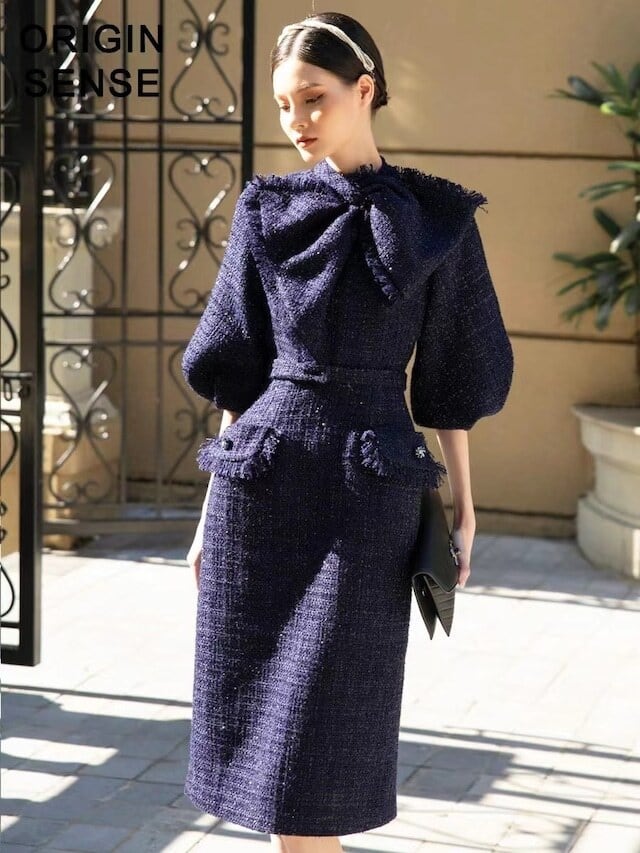 【dress】フレアスリーブレース切替ワンピースF7041