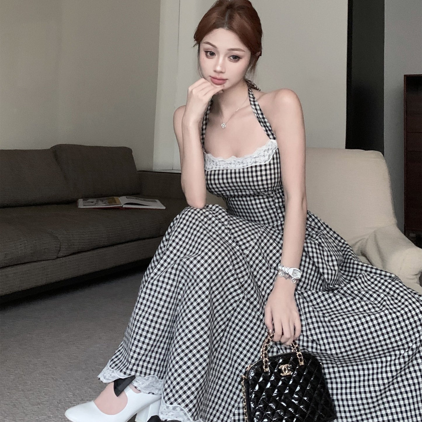 【dress】レース切り替えバックリボンチェック柄ワンピースF7789