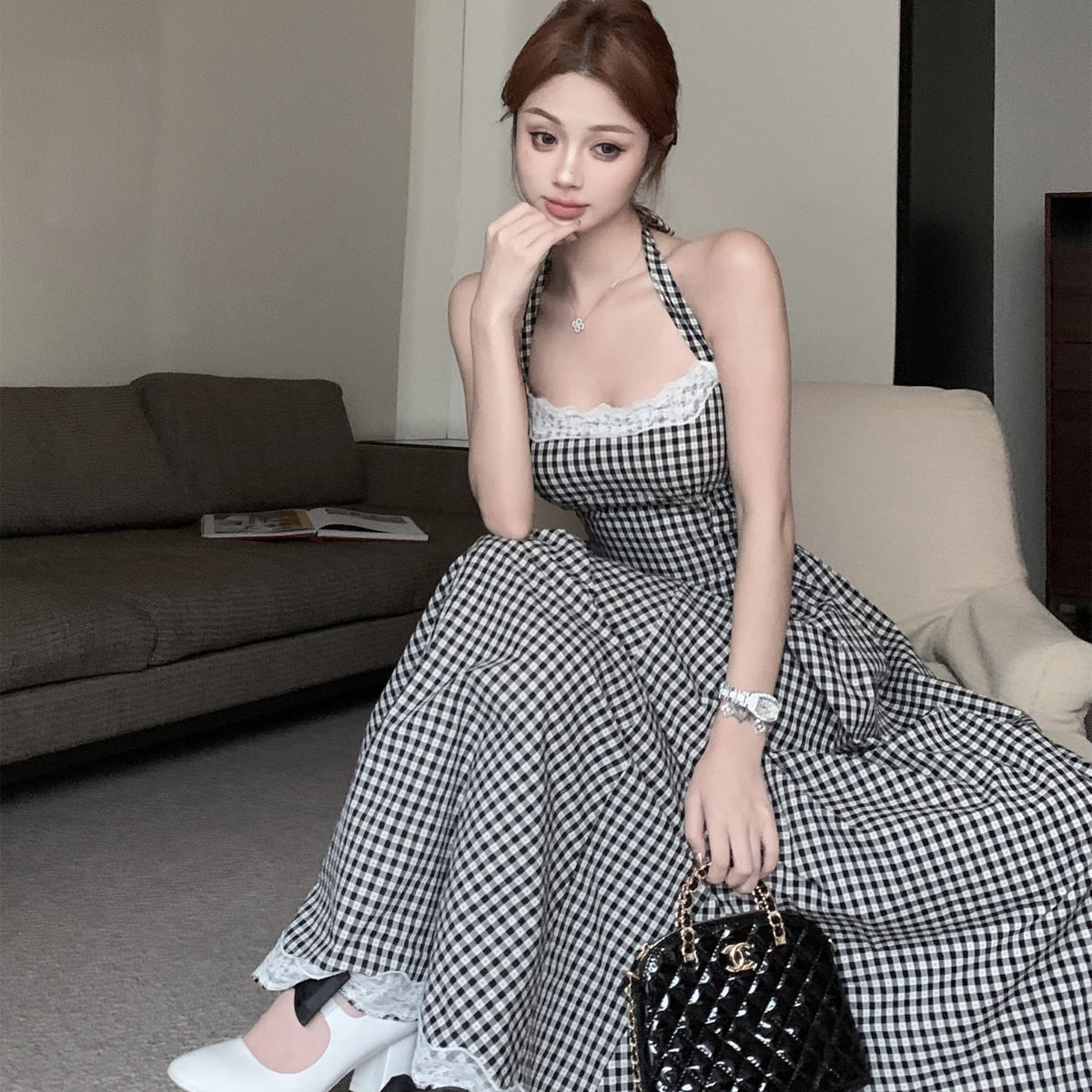 【dress】バックリボンレース切り替えチェック柄ワンピース　N2683
