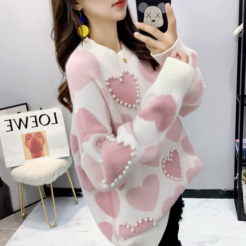 【tops】必ず目を引く2色ラウンドネック長袖ハート柄配色ゆったりビーズ飾りニットセーターF0682