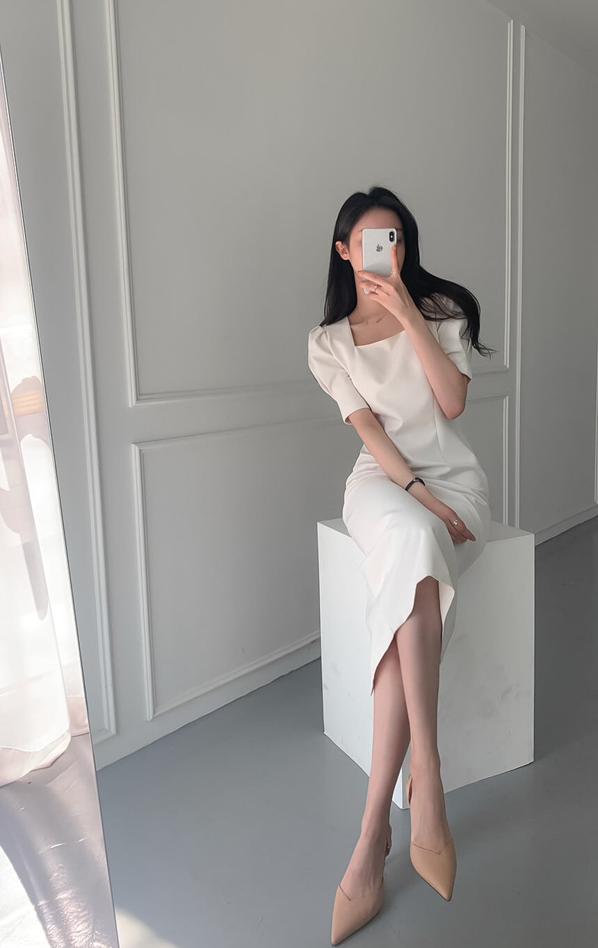 【dress】韓国風着痩せスクエアネックパフスリーブスリット気質満点ワンピース