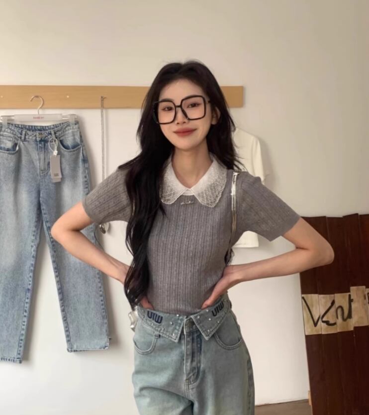 【tops】レース切り替えニットTシャツG20277