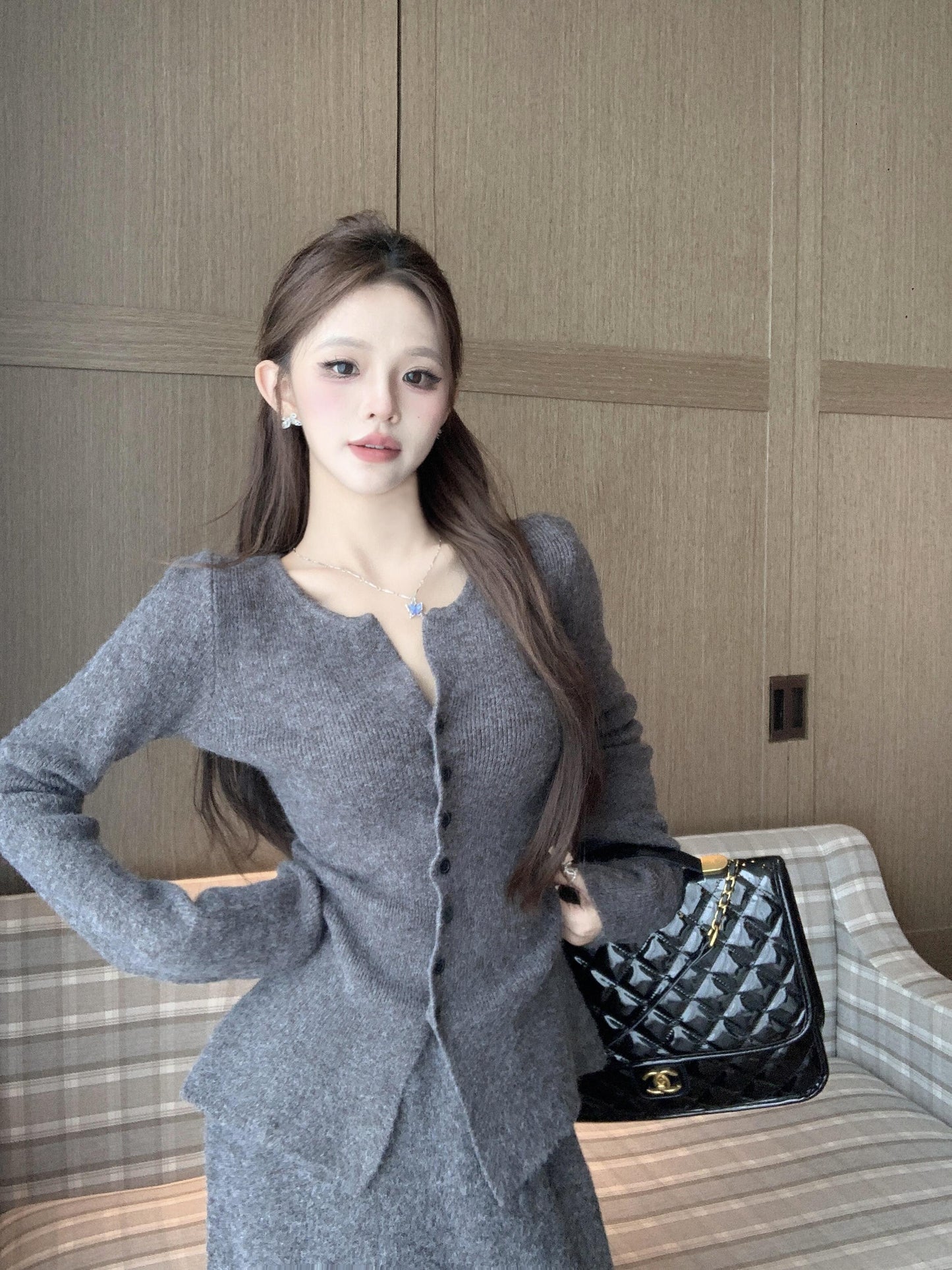 【set】Ⅴネックニットカーディガン×ロングスカートセット　N2764
