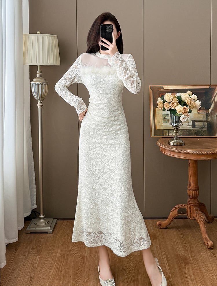 【dress】ファー付きレースワンピース Q7498