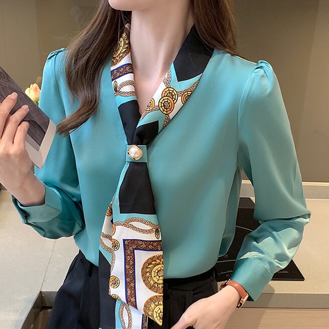 【tops】Vネック長袖プリント配色着回しOL通勤韓国ファッションシャツ