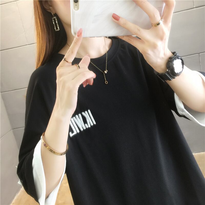 【tops】ラウンドネック半袖カジュアル偽二つ切り替え配色着まわしTシャツ