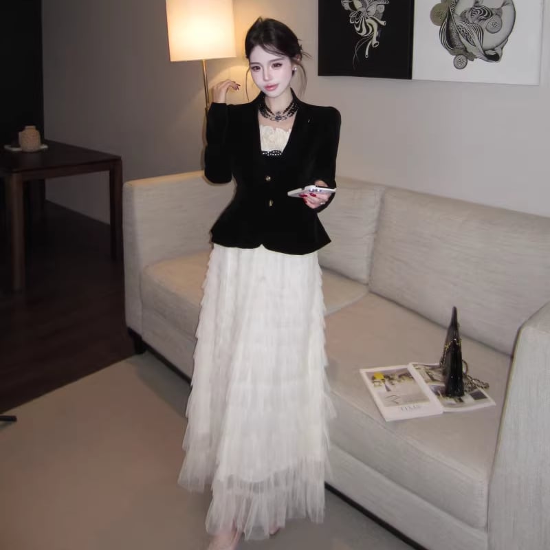 【outer】Vネックベルベットコート Q7903
