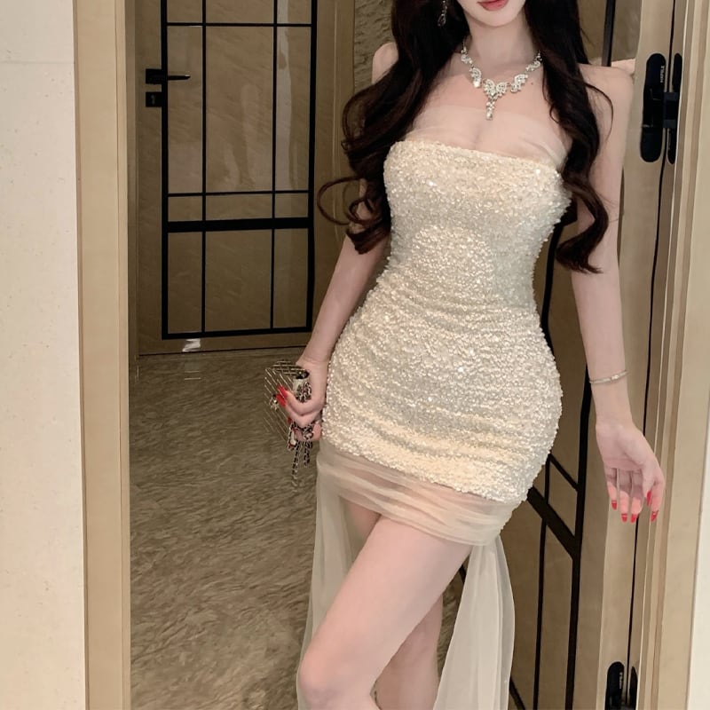 【dress】スパンコール付きチュールドッキングチューブドレス Q7996