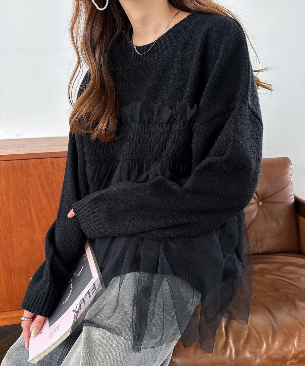 【tops】チュールドッキングニットセーター　M25563