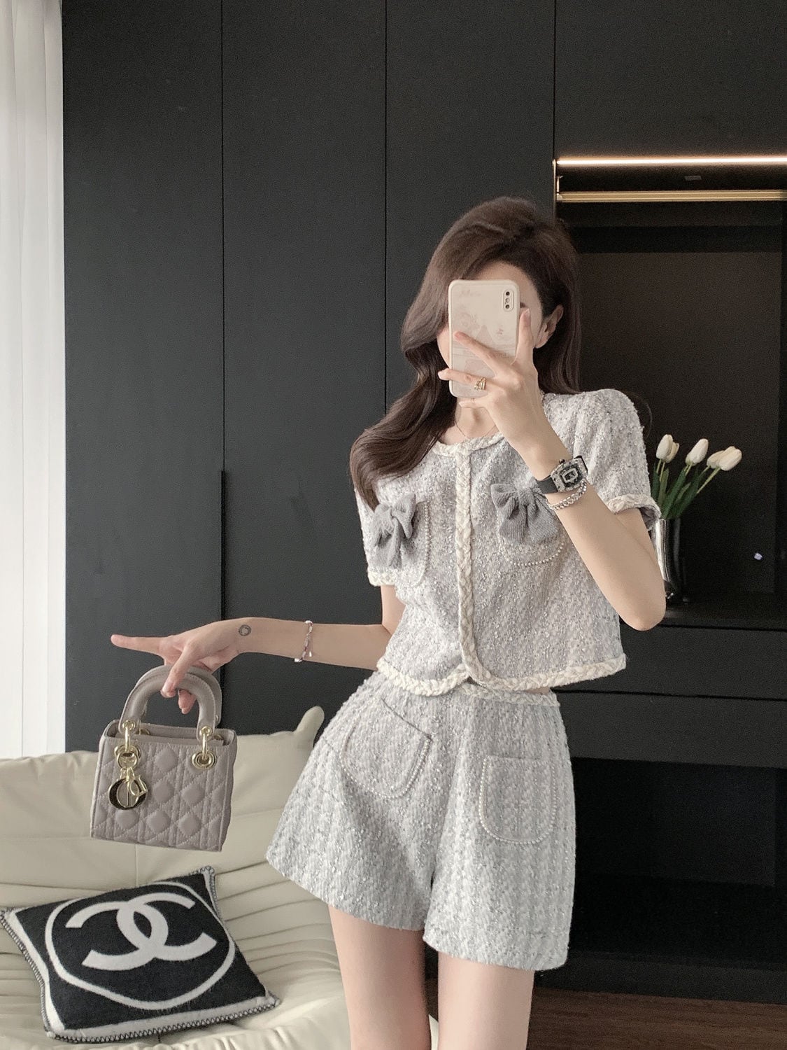 【set】ボウタイトップス+ショートパンツ2点セットF7467