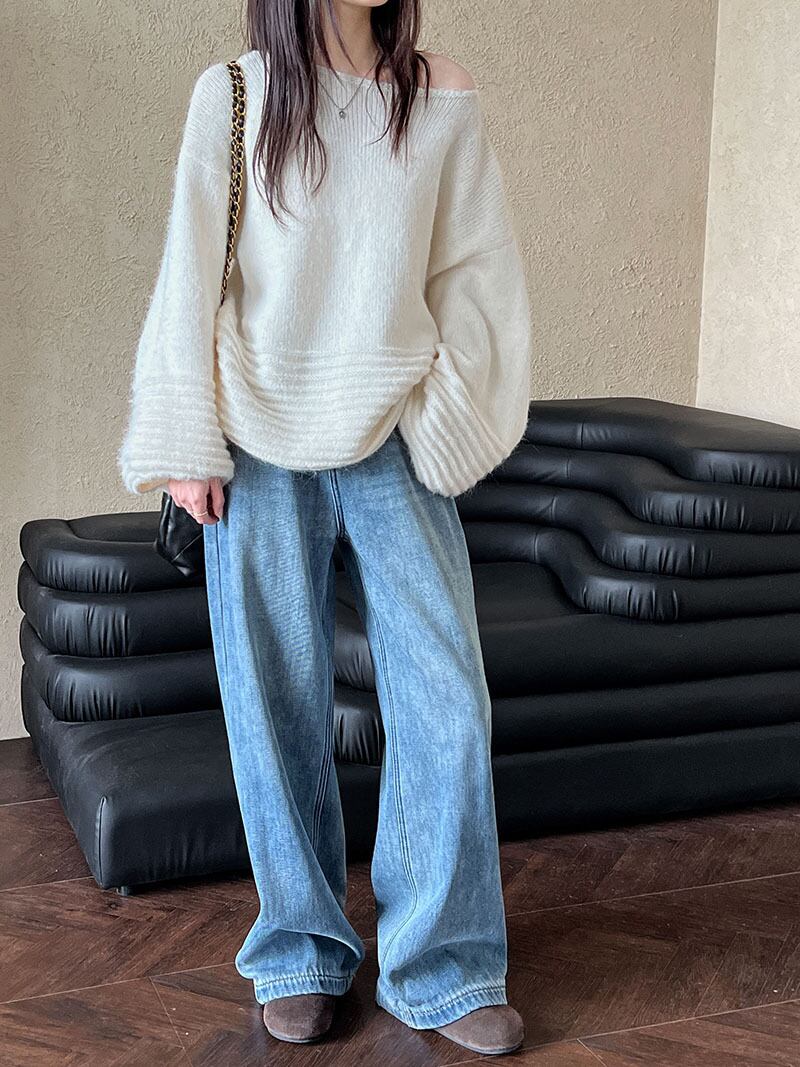 【tops】オフショルダーバルーンスリーブニットトップス　N2911