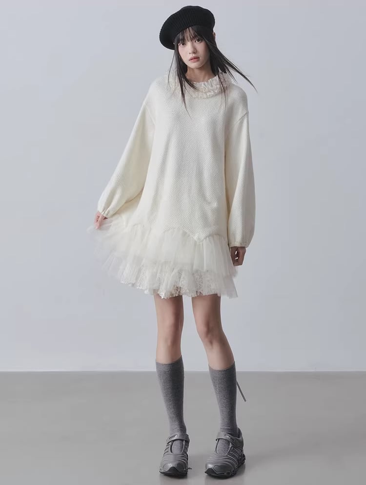 【dress】チュールドッキングフリルネックニットワンピース Q7965