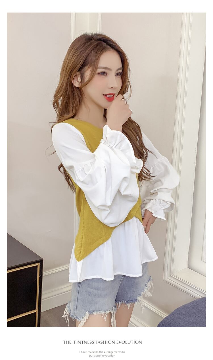 【tops】韓国ファッション早秋新作ラウンドネック長袖パフ袖偽二つ切り替えニットブラウスF0743