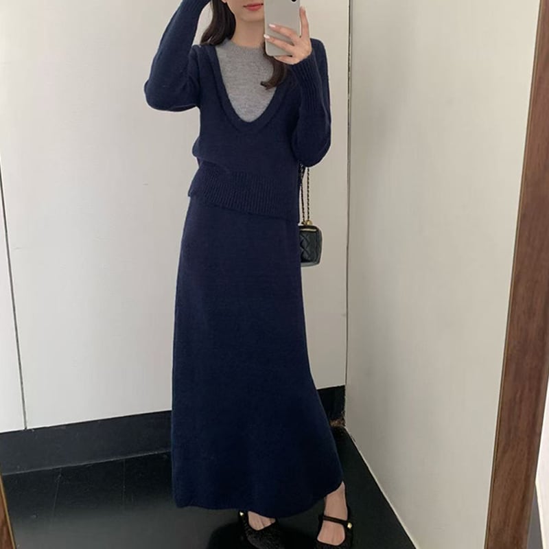 【set】フェイクレイヤードニットトップス×ロングスカートセット Q7168