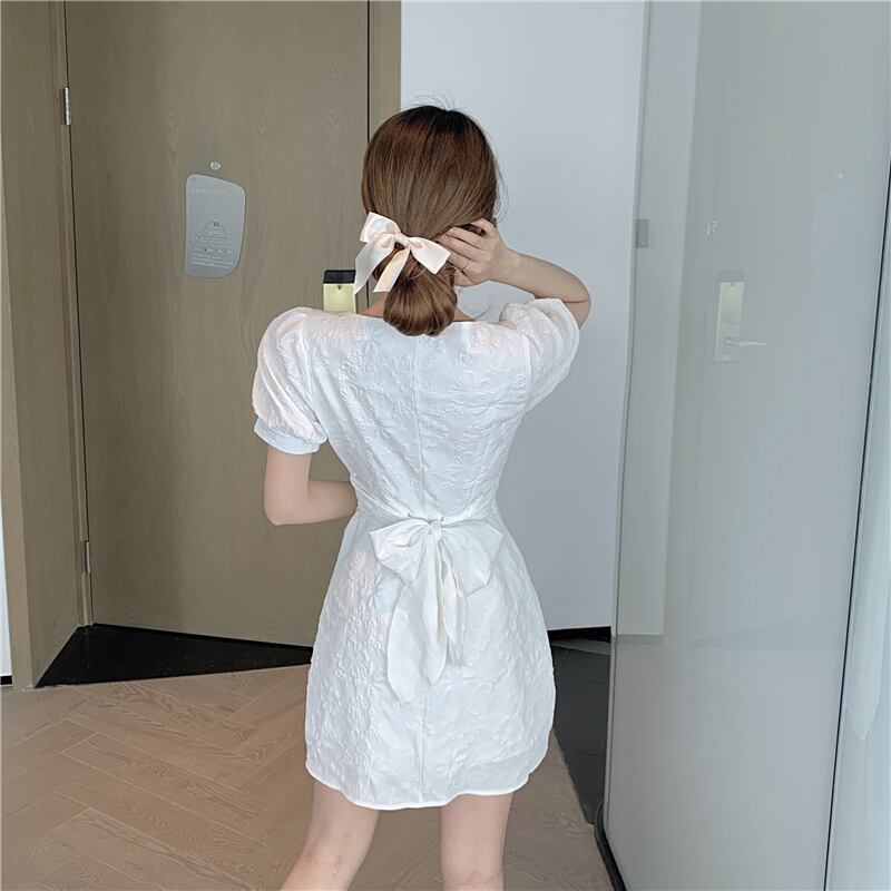 【dress】必ず目を引くスクエアネック半袖花模様Aライン体型カバーワンピース F0410