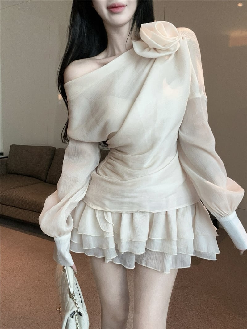 【set】立体フラワーオフショルダートップス×スカートセット　M28465