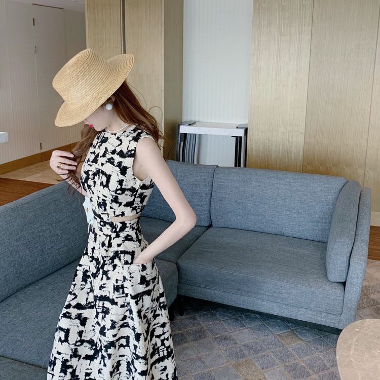 【dress】今季大好評海旅行ラウンドネックプリントノースリーブ着やせワンピースF0323