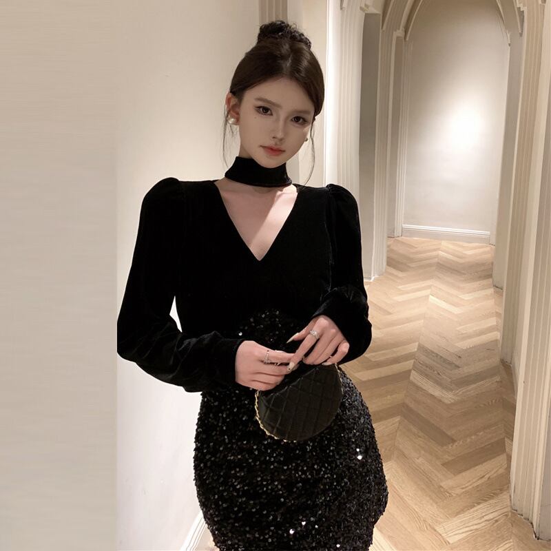 【dress】Vネック長袖スパンコールワンピース G18923