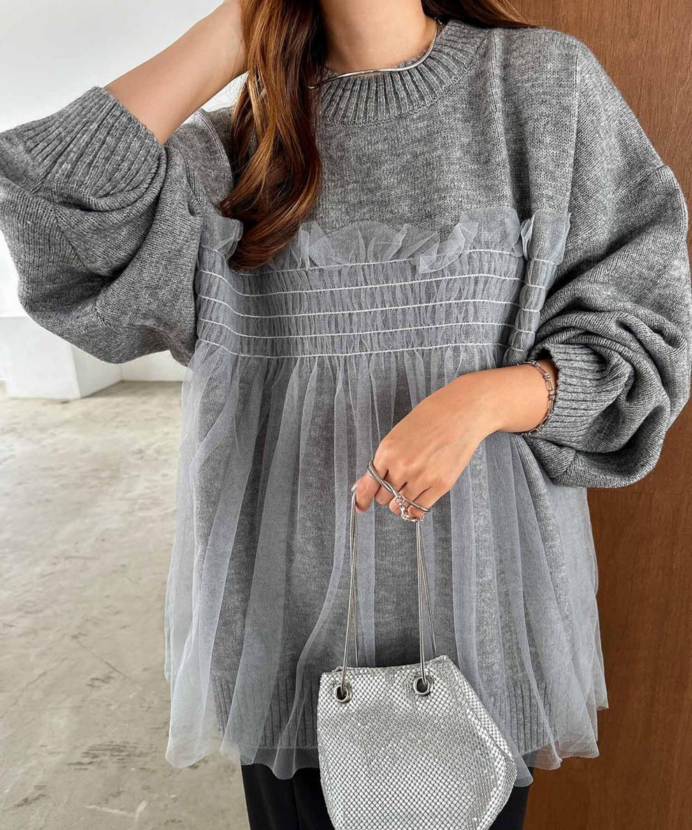 【tops】チュールドッキングニットセーター　M25563