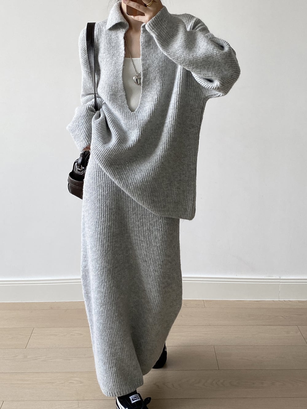 【set】Vネックニットトップス×ロングスカートセット　N3441