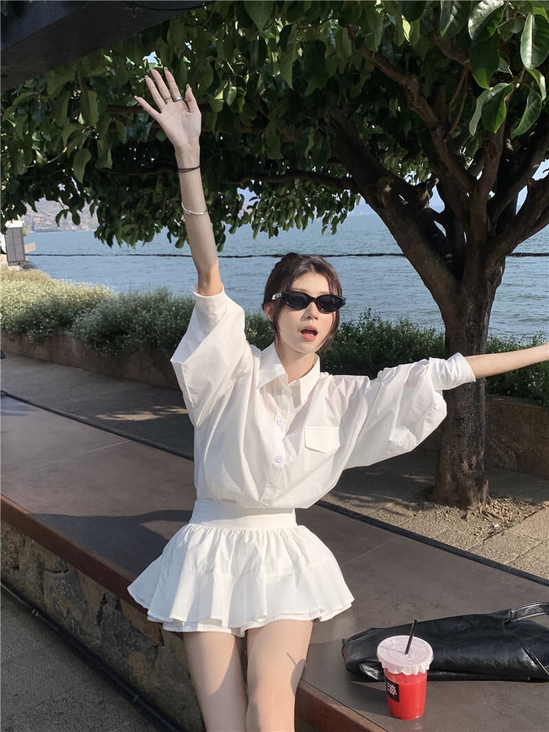 【set】POLOネックブラウス+スカート２点セットG21434