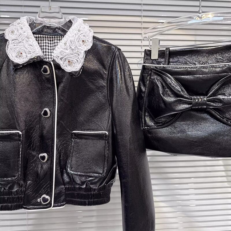 【outer】レースドッキングPUジャケット Q7334
