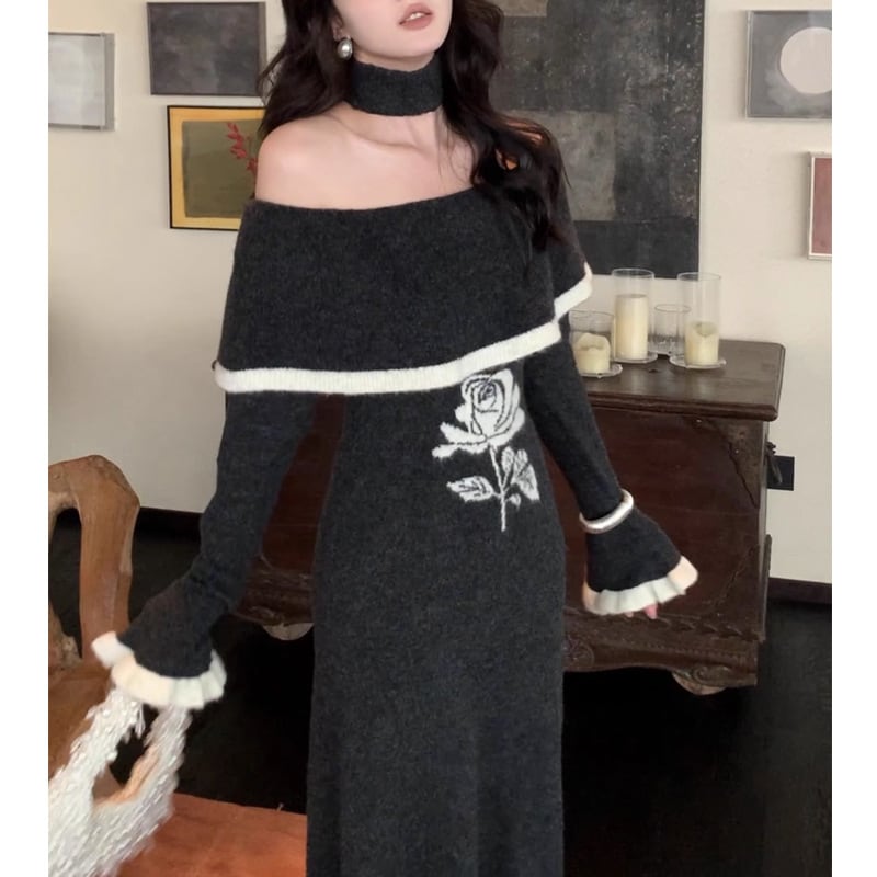 【dress】フレアスリーブニットワンピース　M28978