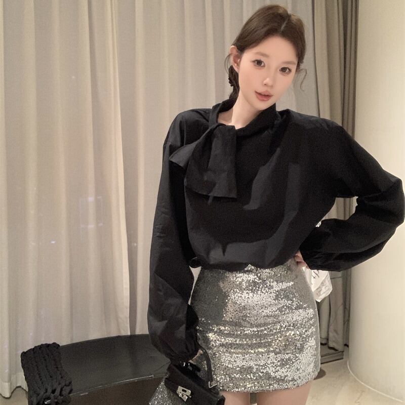 【tops】リボン付きシャツブラウス　M29627