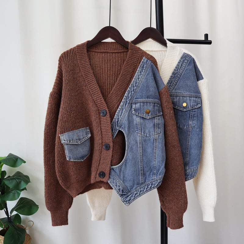 【outer】デニム切り替えニットカーデ　M27542