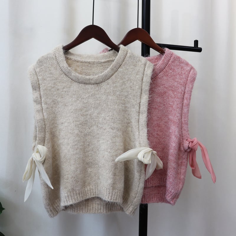 【tops】リボン付きニットベスト　M26019